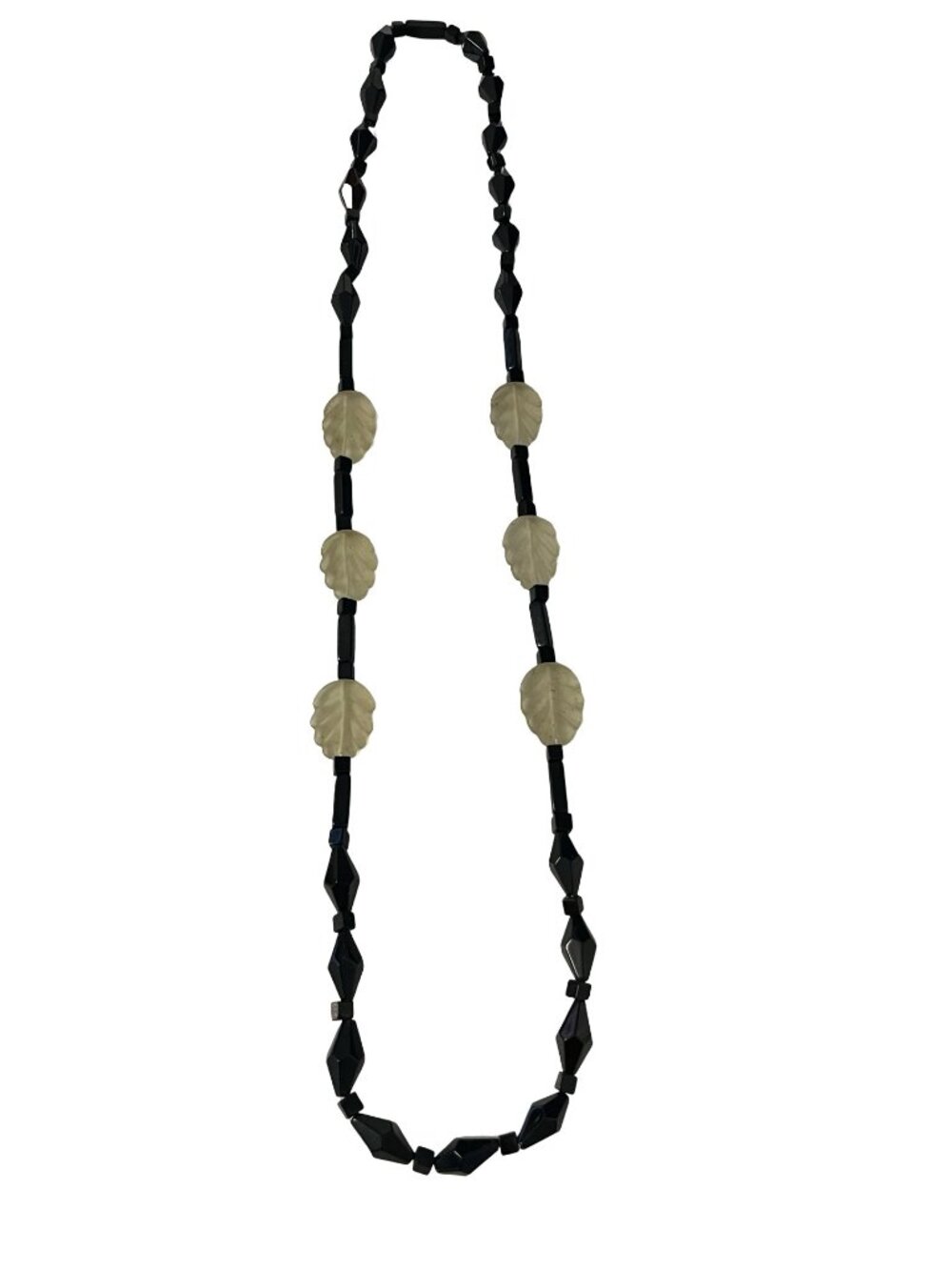 Vintage Black Glass Beaded Necklace Fan Fringe Statement Art Deco Style 24 Inch